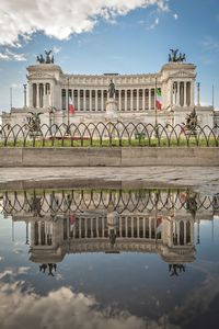 Reflection of building against cloudy sky