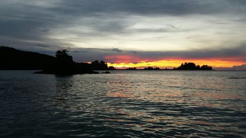 Scenic view of sea against cloudy sky at sunset