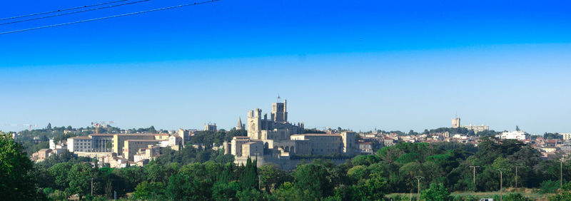 Cityscape against clear blue sky