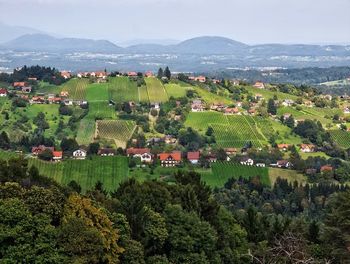 High angle view of agricultural field against sky