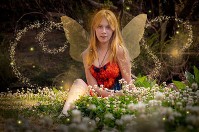 Portrait of a beautiful young woman at flower