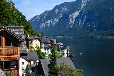 High angle view of houses by lake against sky