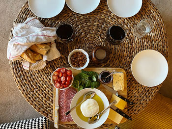 High angle view of breakfast served on table