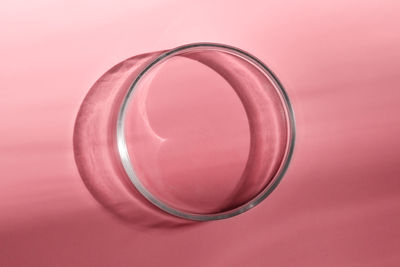 Empty laboratory glass petri for serum, oil, beauty products on pink background. natural medicine