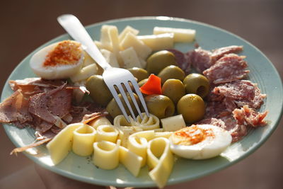 High angle view of breakfast on table