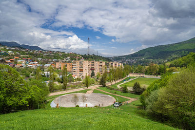 High angle view of townscape against sky