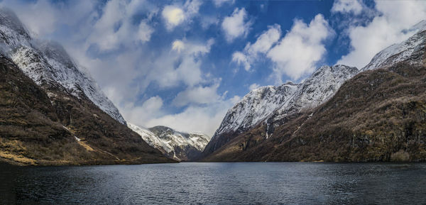 Scenic view of lake by mountains against sky