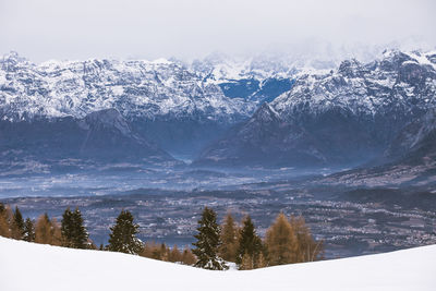 Scenic view of snow covered mountains against sky