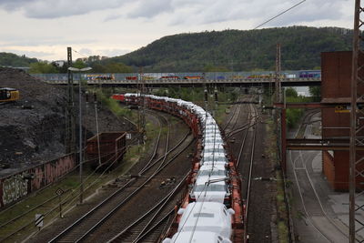 High angle view of train against sky