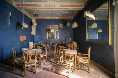 Empty chairs and tables in building