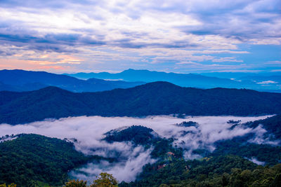 Scenic view of mountains against sky during sunset