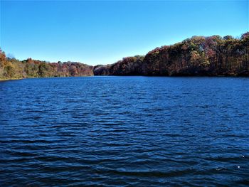 Scenic view of lake against clear blue sky