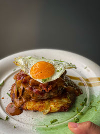 Close-up of hand holding food served in plate