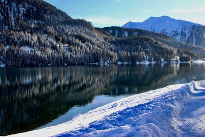 Scenic view of lake by snowcapped mountains against sky