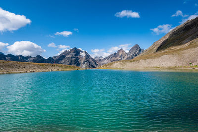 Scenic view of lake against cloudy sky