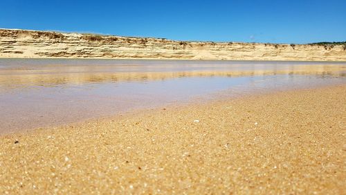 Scenic view of beach against clear blue sky