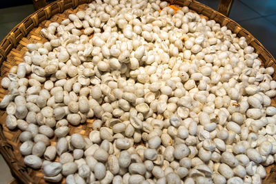 High angle view of eggs in basket