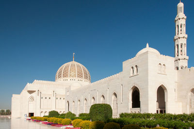 High section of mosque against clear blue sky