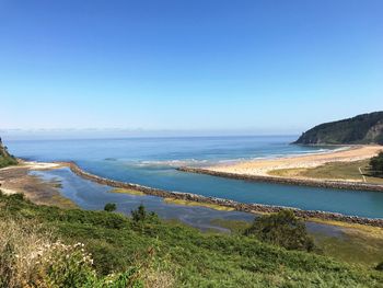 Scenic view of sea against clear blue sky