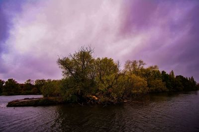 Trees by river against sky during autumn