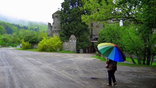 Rear view of woman walking on road in park