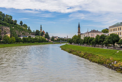 View of river amidst buildings against sky