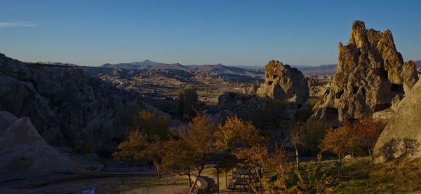 Panoramic view of landscape and mountains against clear sky