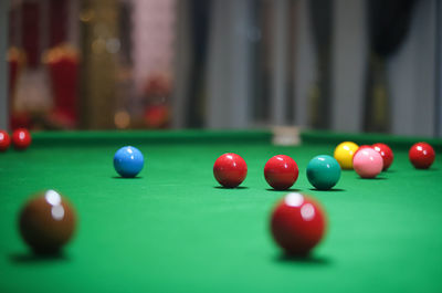 Close-up of balls on pool table