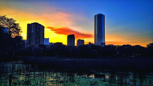 City skyline at sunset