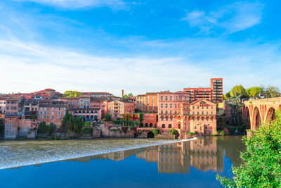 Buildings by river against blue sky