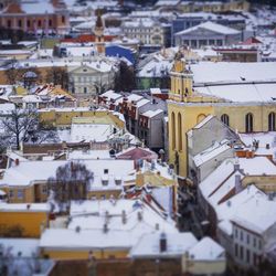 High angle view of city during winter