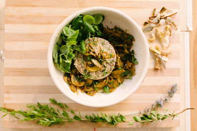 High angle view of salad in bowl on table