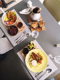 High angle view of food served on table