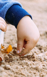 Cropped hand of person holding sand at beach
