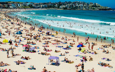 High angle view of crowd on beach