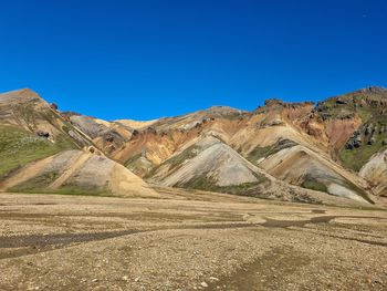 Scenic view of mountains against clear blue sky