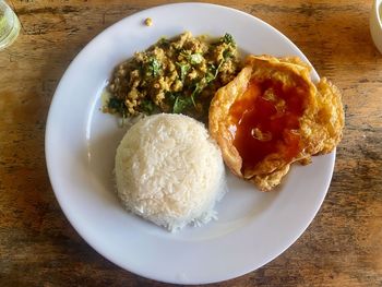 High angle view of food in plate on table