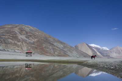 Scenic view of lake and mountains against clear sky