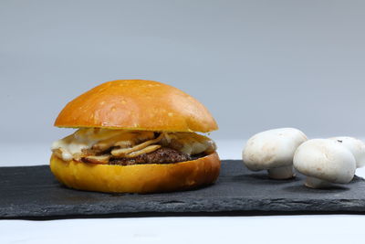 Close-up of burger on table