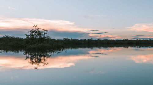 Scenic view of lake against sky at sunset