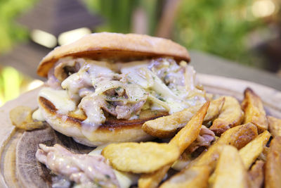 Close-up of burger in plate on table