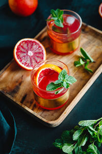 High angle view of drinks on table