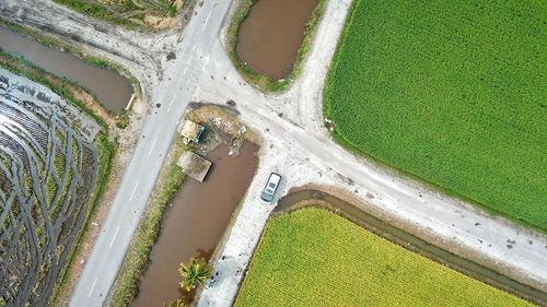 Aerial view of road at agricultural field