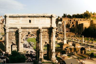 High angle view of old ruins against clear sky