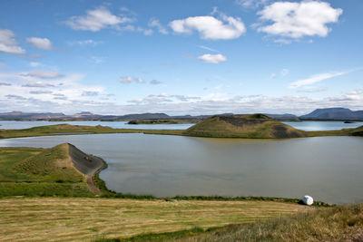 Scenic view of lake against cloudy sky