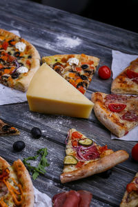 High angle view of pizza on table