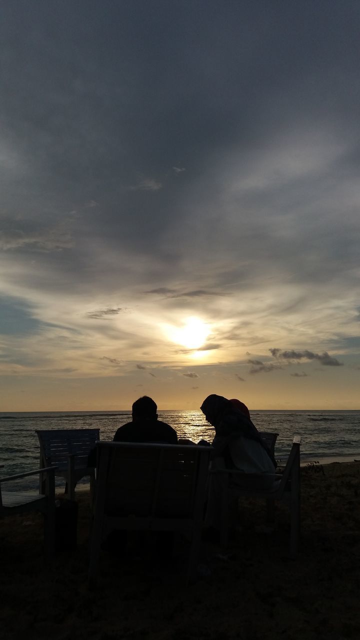 REAR VIEW OF PEOPLE SITTING ON BEACH