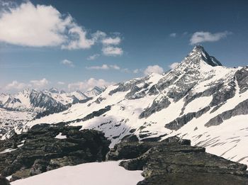 Scenic view of snowcapped mountains against sky