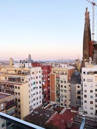 High angle view of buildings against clear sky