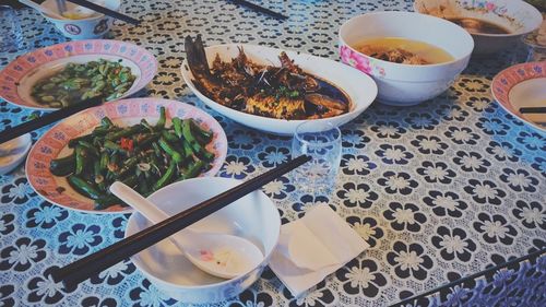 High angle view of food on table